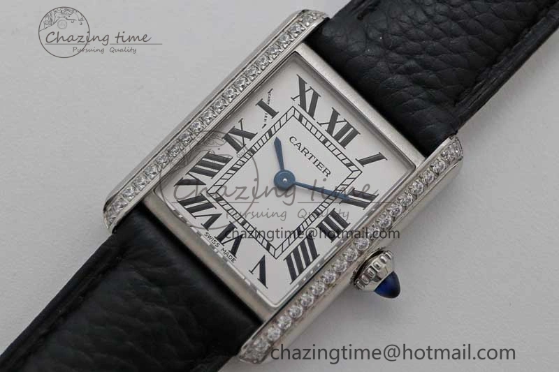 Tank Solo Ladies 25mm SS K11F 1:1 Best Edition White Dial Diamonds Bezel on Black Leather Strap Ronda Quartz