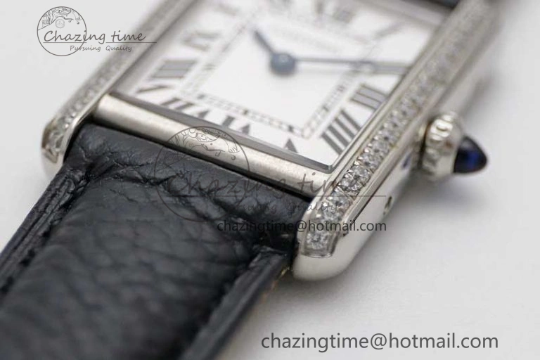 Tank Solo Ladies 25mm SS K11F 1:1 Best Edition White Dial Diamonds Bezel on Black Leather Strap Ronda Quartz