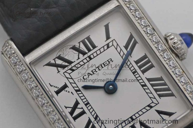 Tank Solo Ladies 25mm SS K11F 1:1 Best Edition White Dial Diamonds Bezel on Black Leather Strap Ronda Quartz