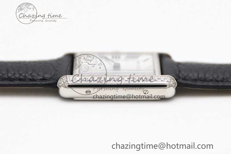 Tank Solo Ladies 25mm SS K11F 1:1 Best Edition White Dial Diamonds Bezel on Black Leather Strap Ronda Quartz