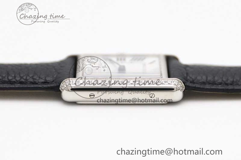 Tank Solo Ladies 25mm SS K11F 1:1 Best Edition White Dial Diamonds Bezel on Black Leather Strap Ronda Quartz