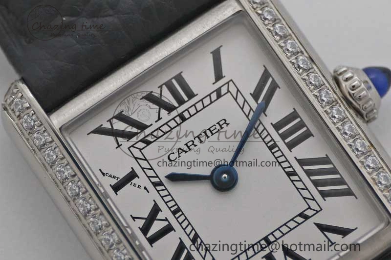 Tank Solo Ladies 25mm SS K11F 1:1 Best Edition White Dial Diamonds Bezel on Black Leather Strap Ronda Quartz