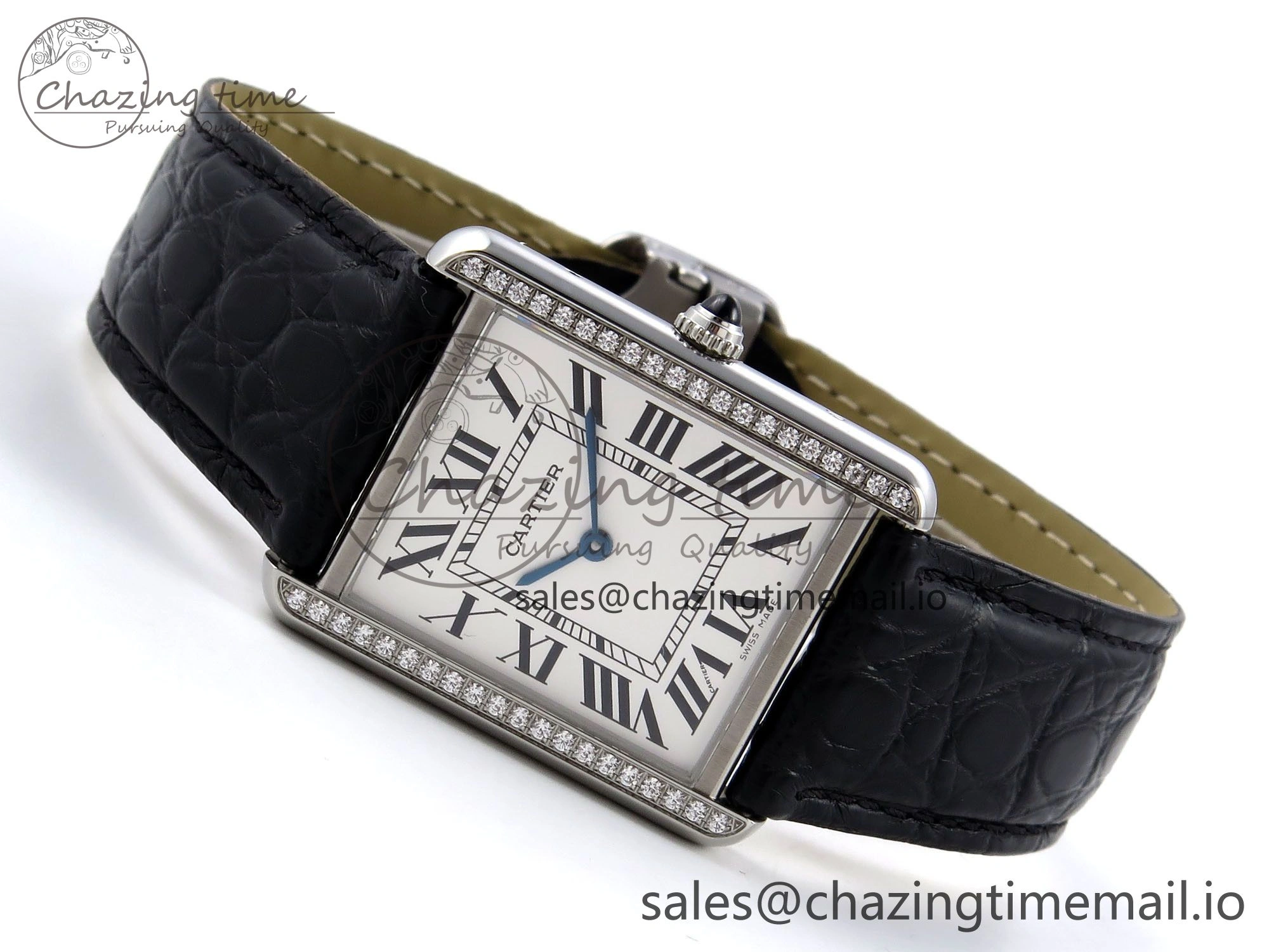 Tank Solo Ladies 28mm SS AF 1:1 Best Edition White Dial Diamonds Bezel on Black Croco Strap Ronda Quartz