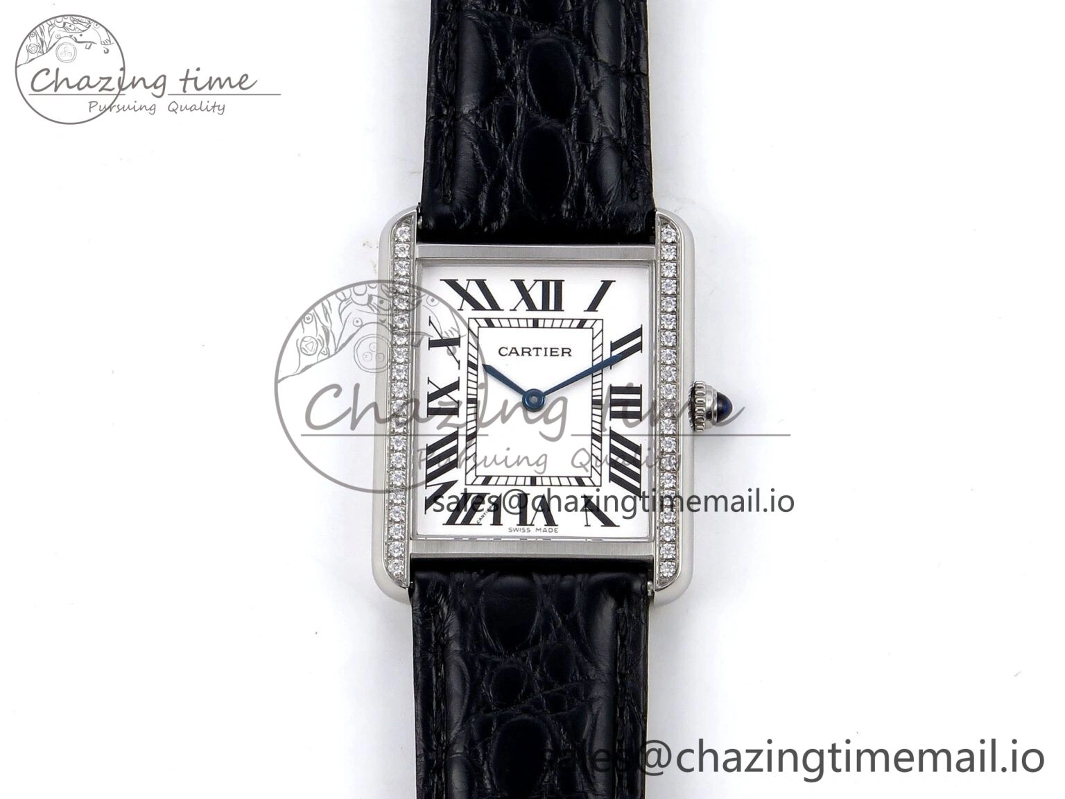 Tank Solo Ladies 28mm SS AF 1:1 Best Edition White Dial Diamonds Bezel on Black Croco Strap Ronda Quartz