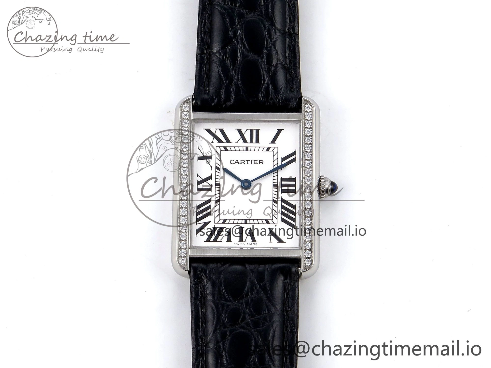Tank Solo Ladies 28mm SS AF 1:1 Best Edition White Dial Diamonds Bezel on Black Croco Strap Ronda Quartz