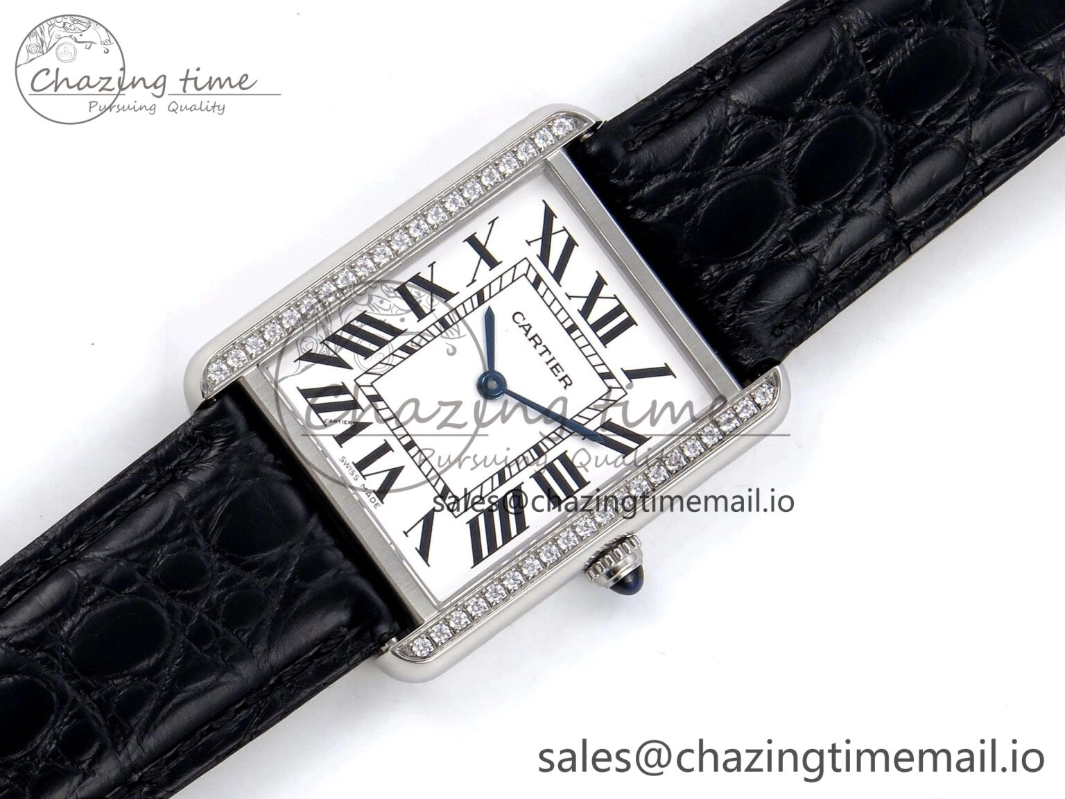 Tank Solo Ladies 28mm SS AF 1:1 Best Edition White Dial Diamonds Bezel on Black Croco Strap Ronda Quartz