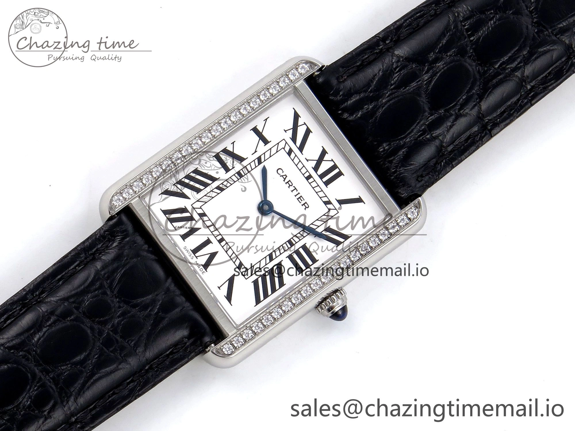 Tank Solo Ladies 28mm SS AF 1:1 Best Edition White Dial Diamonds Bezel on Black Croco Strap Ronda Quartz