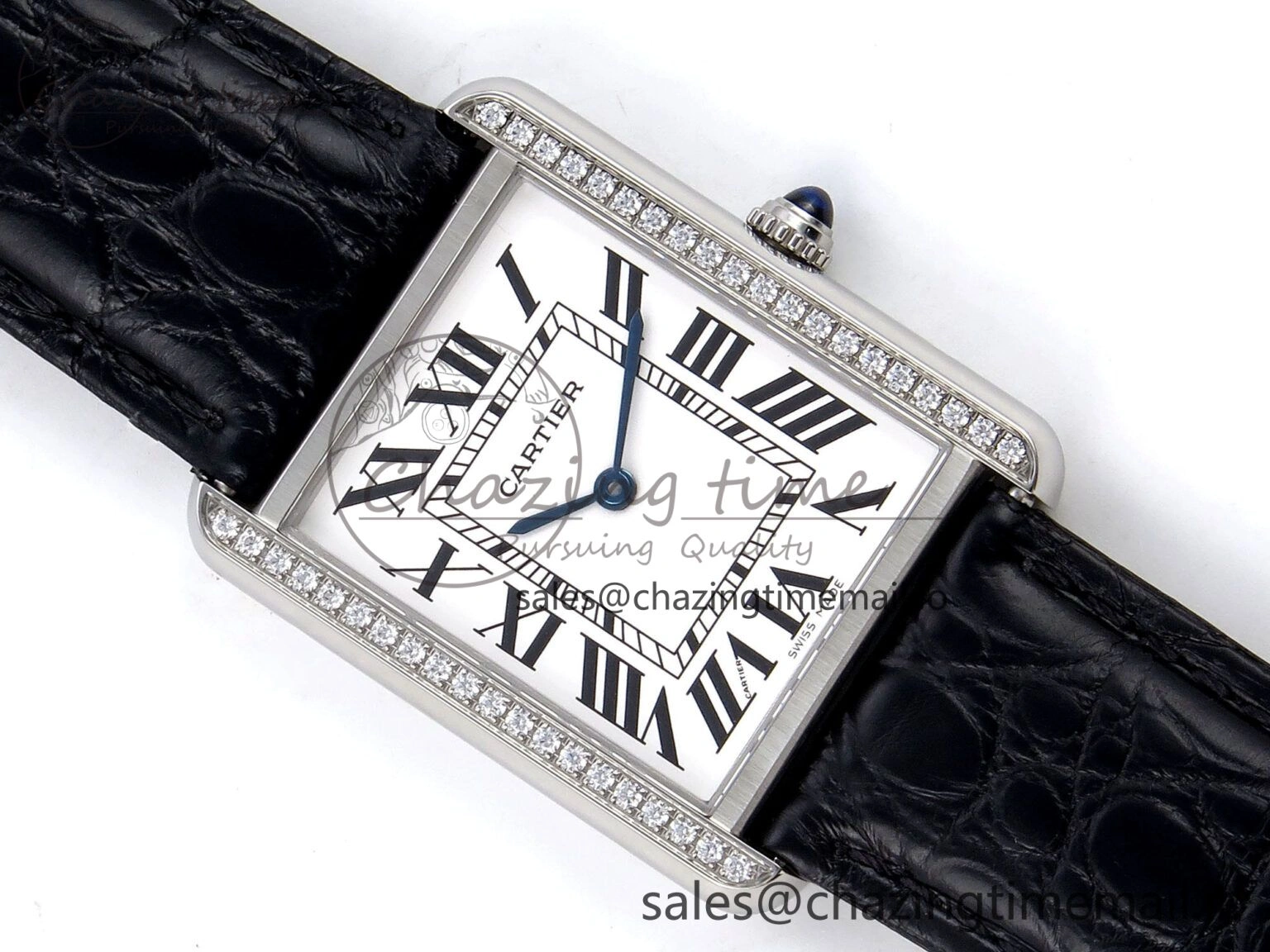 Tank Solo Ladies 28mm SS AF 1:1 Best Edition White Dial Diamonds Bezel on Black Croco Strap Ronda Quartz