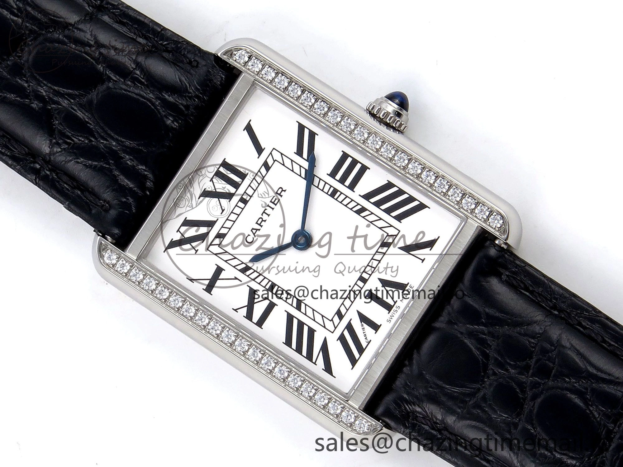 Tank Solo Ladies 28mm SS AF 1:1 Best Edition White Dial Diamonds Bezel on Black Croco Strap Ronda Quartz