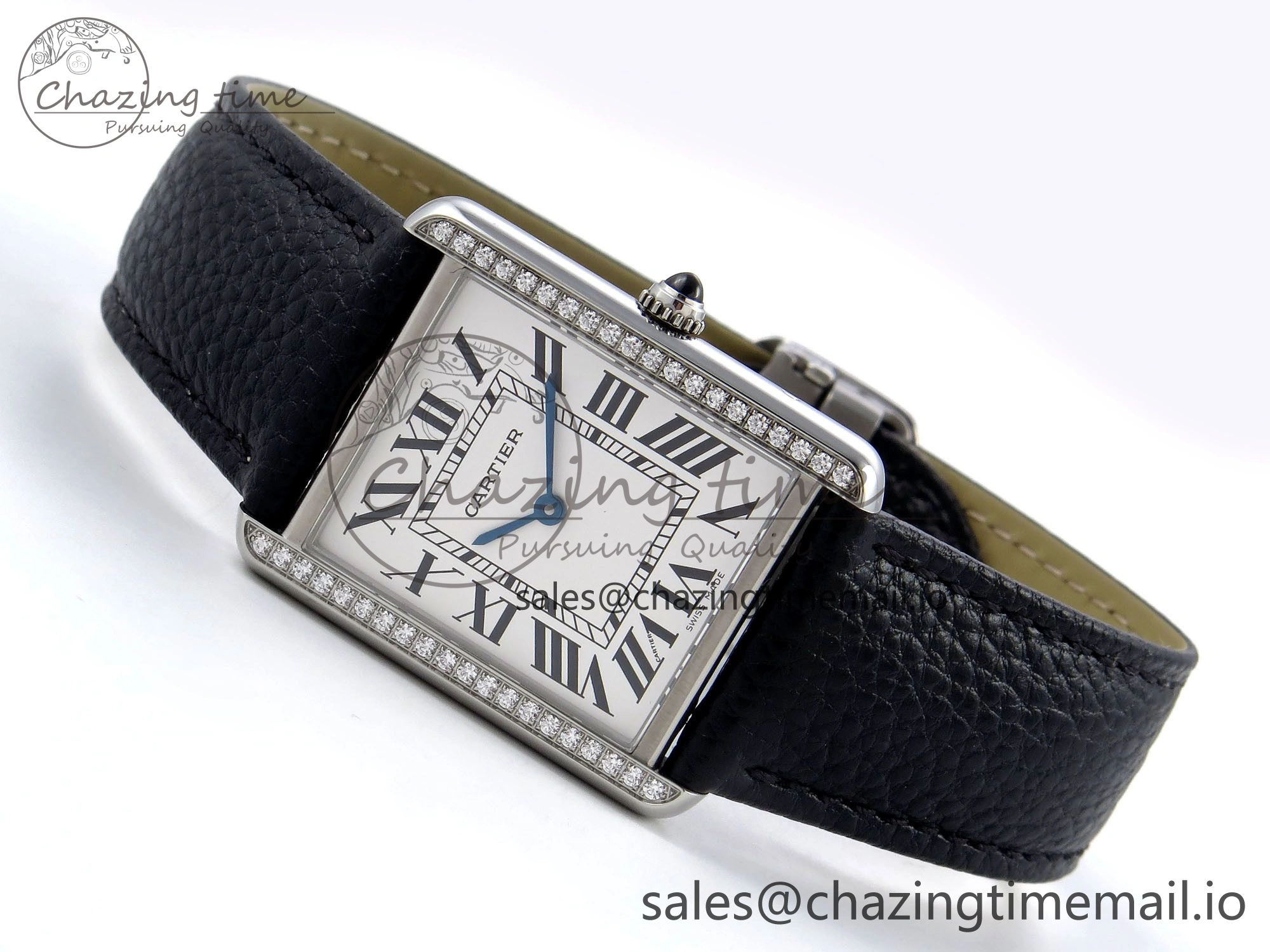 Tank Solo Ladies 28mm SS AF 1:1 Best Edition White Dial Diamonds Bezel on Black Leather Strap Ronda Quartz