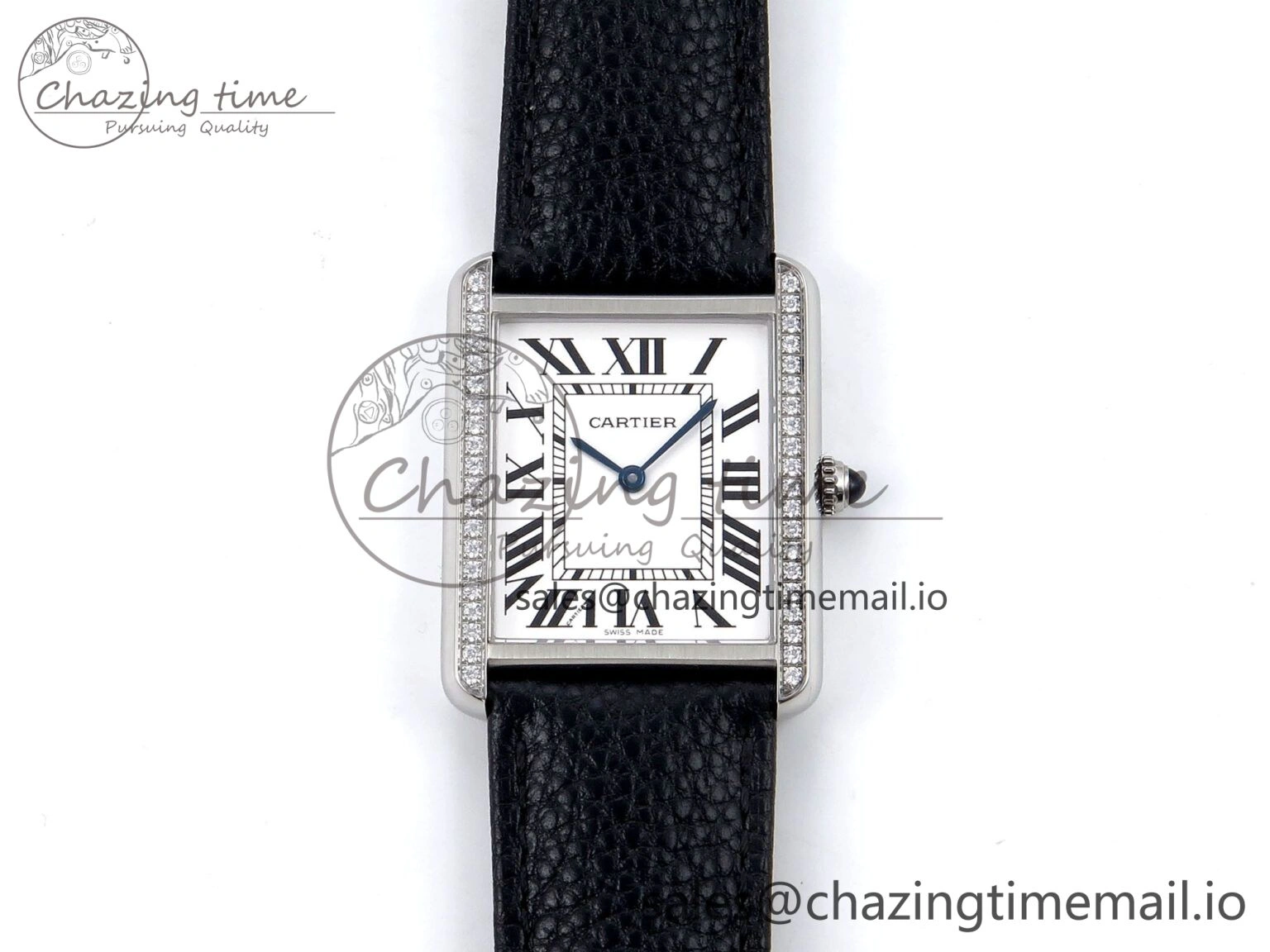 Tank Solo Ladies 28mm SS AF 1:1 Best Edition White Dial Diamonds Bezel on Black Leather Strap Ronda Quartz