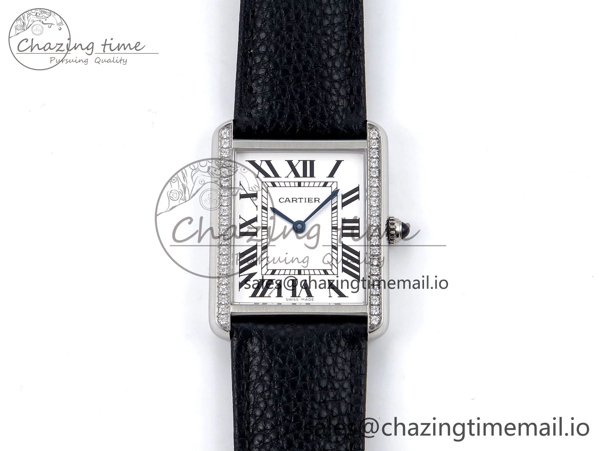 Tank Solo Ladies 28mm SS AF 1:1 Best Edition White Dial Diamonds Bezel on Black Leather Strap Ronda Quartz