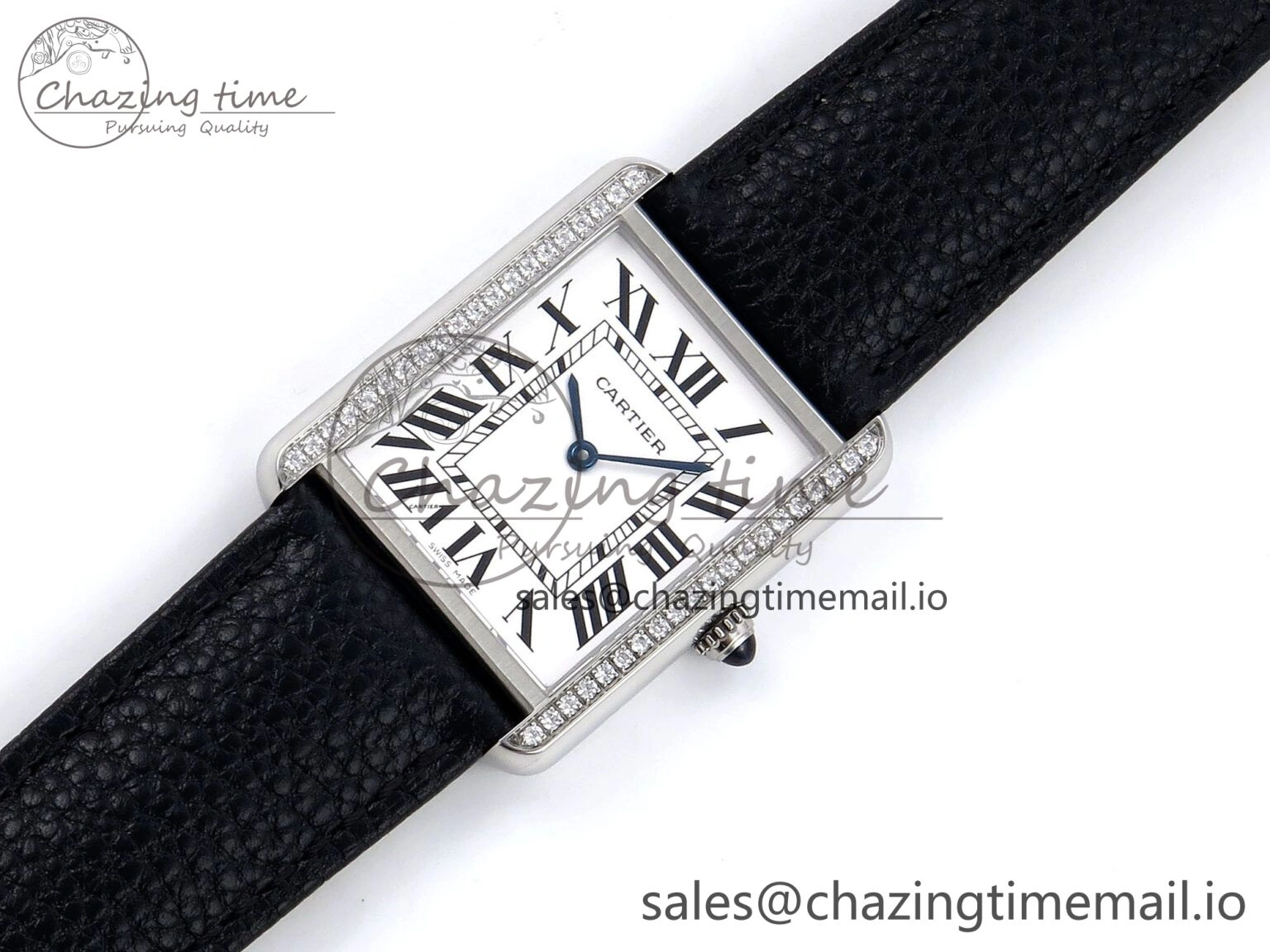 Tank Solo Ladies 28mm SS AF 1:1 Best Edition White Dial Diamonds Bezel on Black Leather Strap Ronda Quartz