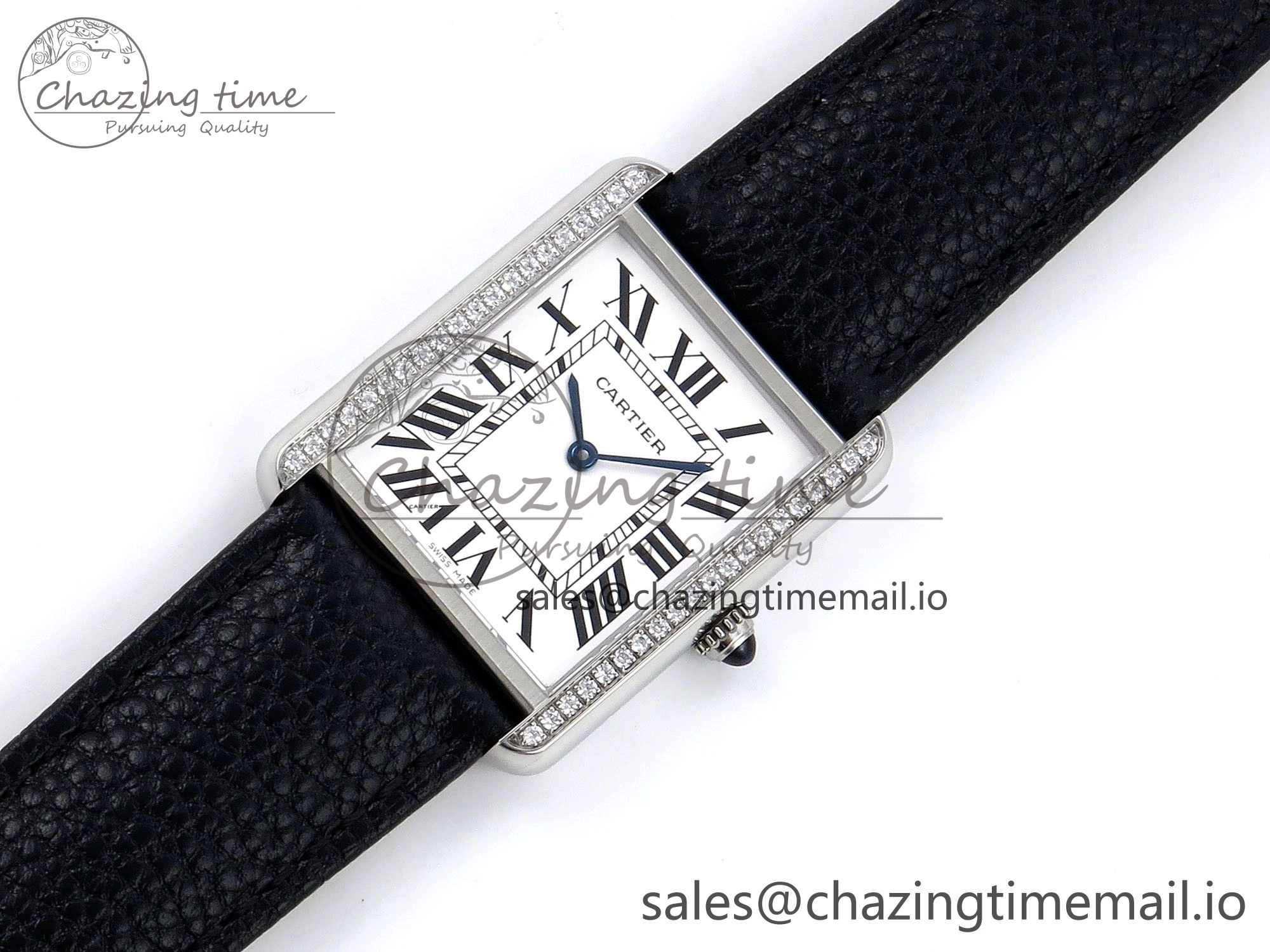 Tank Solo Ladies 28mm SS AF 1:1 Best Edition White Dial Diamonds Bezel on Black Leather Strap Ronda Quartz