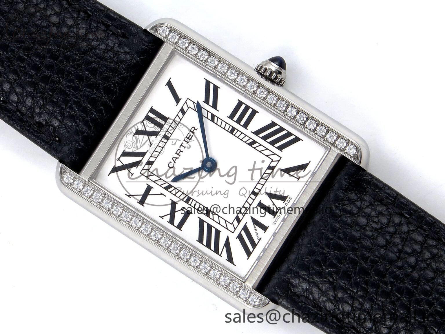 Tank Solo Ladies 28mm SS AF 1:1 Best Edition White Dial Diamonds Bezel on Black Leather Strap Ronda Quartz