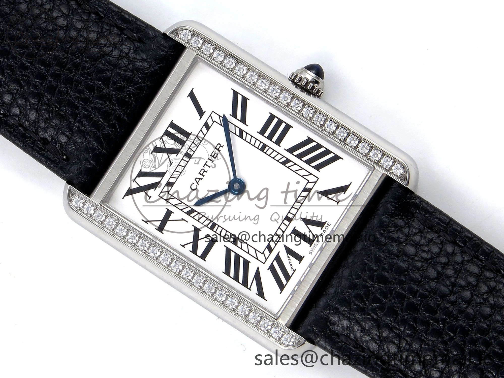 Tank Solo Ladies 28mm SS AF 1:1 Best Edition White Dial Diamonds Bezel on Black Leather Strap Ronda Quartz
