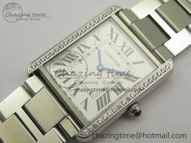 Tank Solo Ladies 28mm SS Diamond Bezel K11F 1:1 Best Edition White Dial on SS Bracelet Ronda Quartz