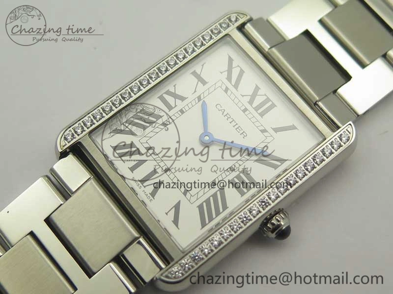 Tank Solo Ladies 28mm SS Diamond Bezel K11F 1:1 Best Edition White Dial on SS Bracelet Ronda Quartz
