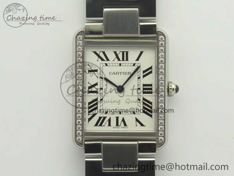 Tank Solo Ladies 28mm SS Diamond Bezel K11F 1:1 Best Edition White Dial on SS Bracelet Ronda Quartz