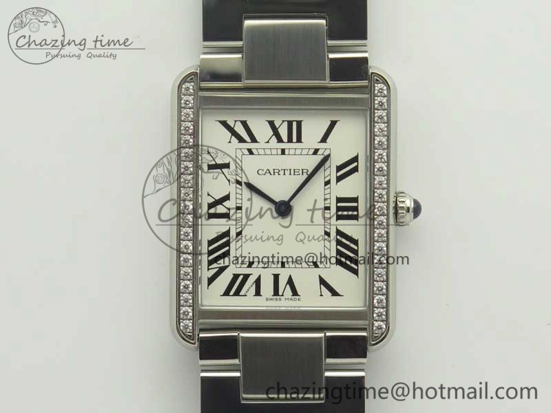 Tank Solo Ladies 28mm SS Diamond Bezel K11F 1:1 Best Edition White Dial on SS Bracelet Ronda Quartz