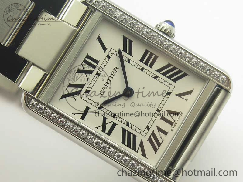 Tank Solo Ladies 28mm SS Diamond Bezel K11F 1:1 Best Edition White Dial on SS Bracelet Ronda Quartz