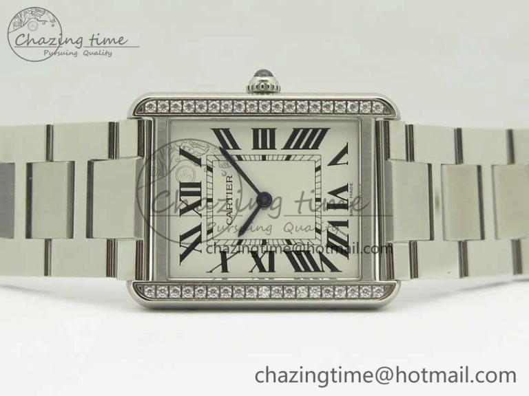 Tank Solo Ladies 28mm SS Diamond Bezel K11F 1:1 Best Edition White Dial on SS Bracelet Ronda Quartz