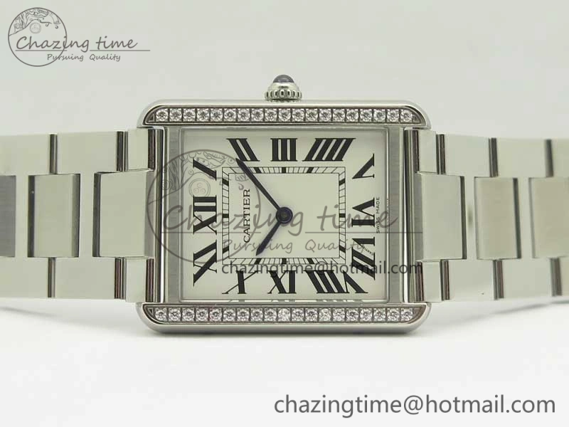 Tank Solo Ladies 28mm SS Diamond Bezel K11F 1:1 Best Edition White Dial on SS Bracelet Ronda Quartz