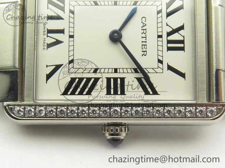Tank Solo Ladies 28mm SS Diamond Bezel K11F 1:1 Best Edition White Dial on SS Bracelet Ronda Quartz