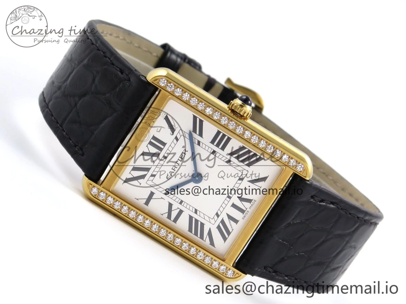Tank Solo YG AF 1:1 Best Edition White Dial Diamonds Bezel on Black Leather Strap Ronda Quartz