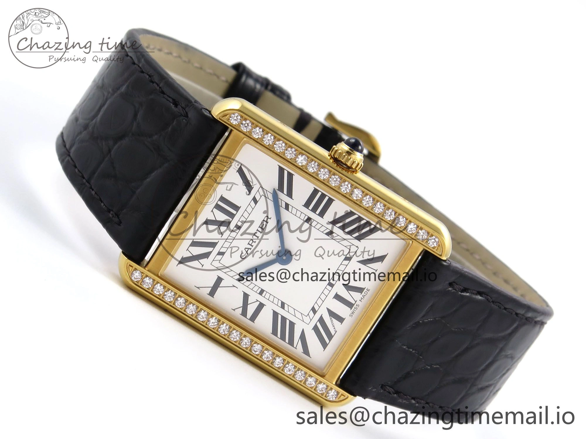 Tank Solo YG AF 1:1 Best Edition White Dial Diamonds Bezel on Black Leather Strap Ronda Quartz