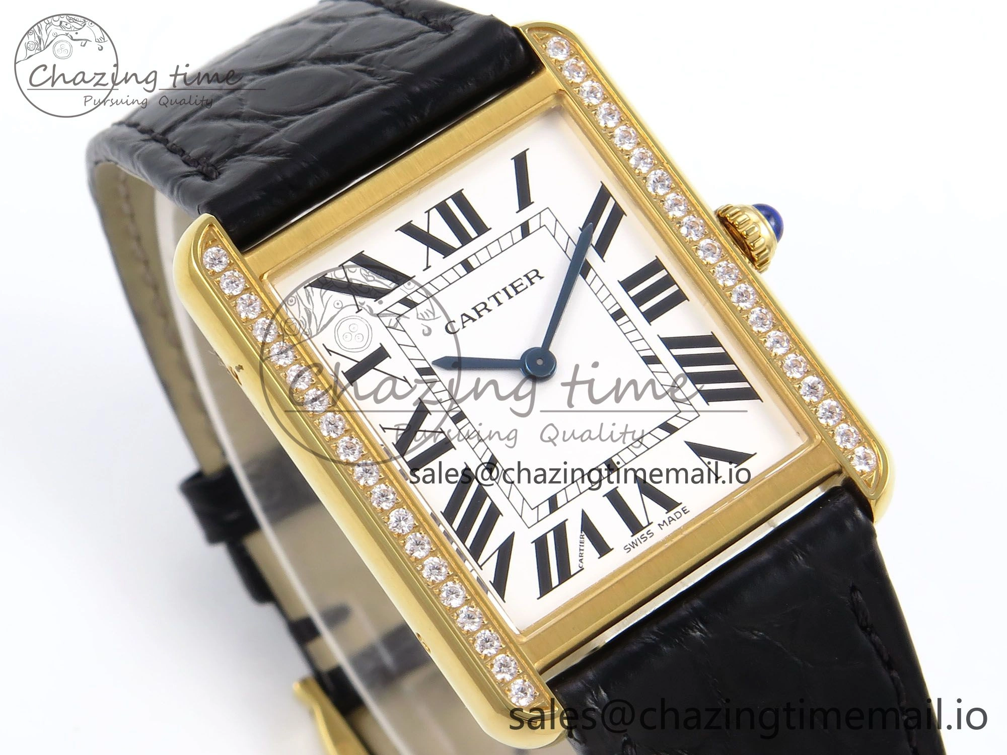 Tank Solo YG AF 1:1 Best Edition White Dial Diamonds Bezel on Black Leather Strap Ronda Quartz