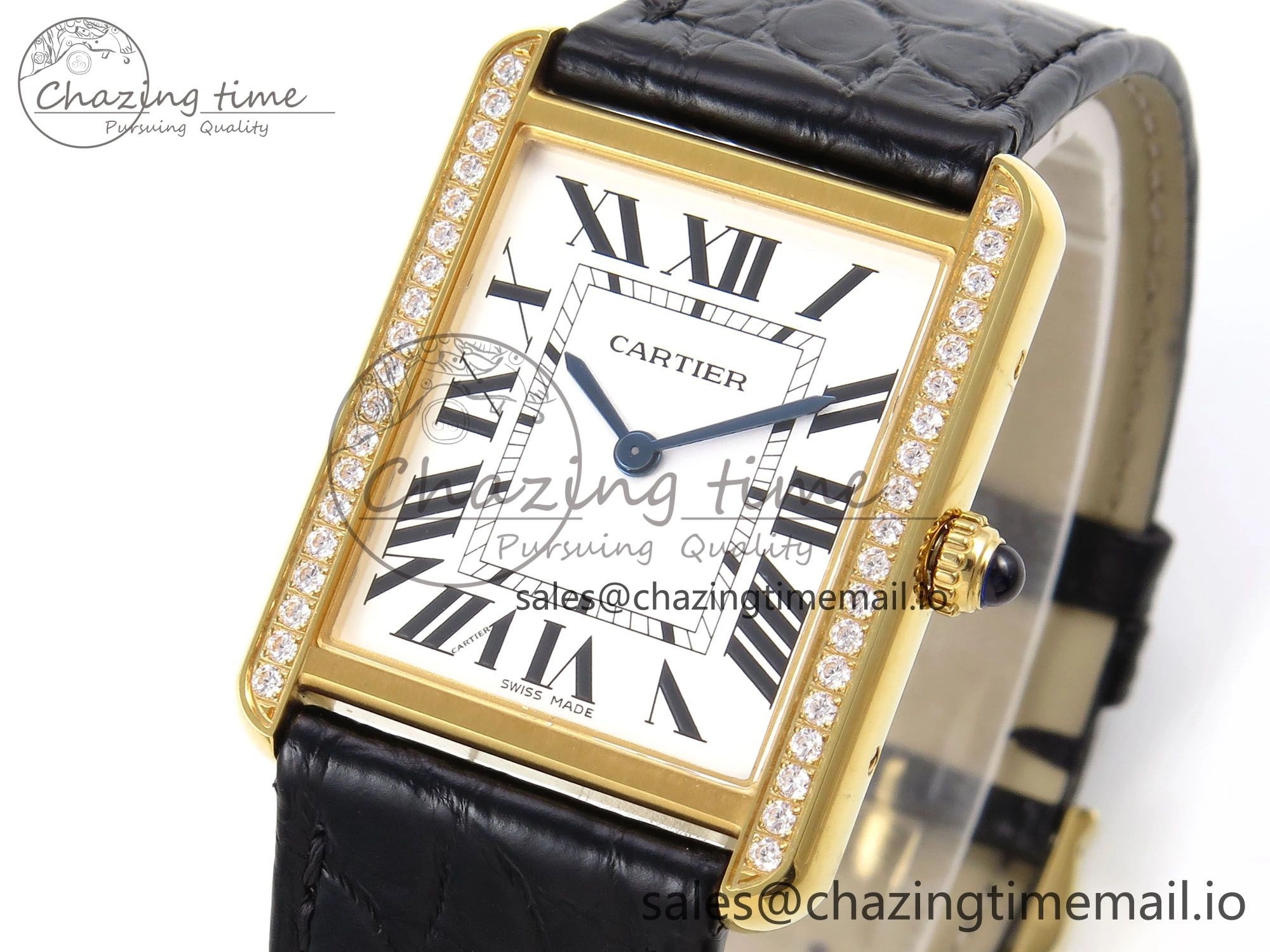 Tank Solo YG AF 1:1 Best Edition White Dial Diamonds Bezel on Black Leather Strap Ronda Quartz