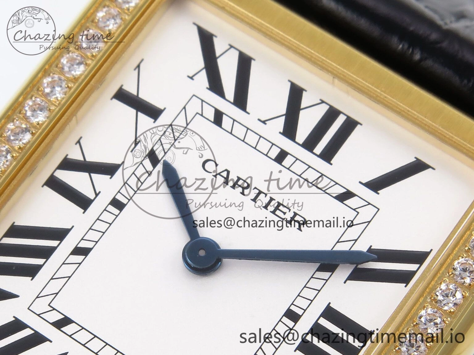 Tank Solo YG AF 1:1 Best Edition White Dial Diamonds Bezel on Black Leather Strap Ronda Quartz