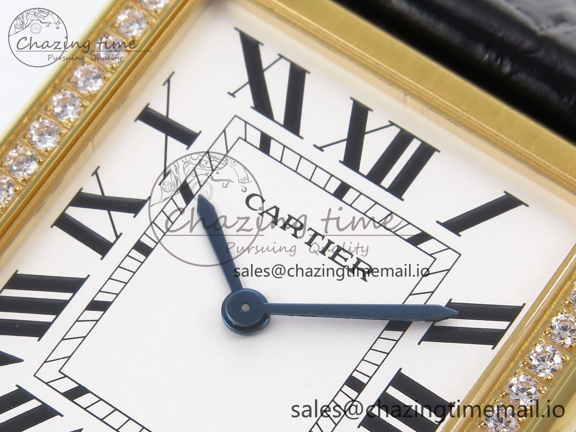 Tank Solo YG AF 1:1 Best Edition White Dial Diamonds Bezel on Black Leather Strap Ronda Quartz