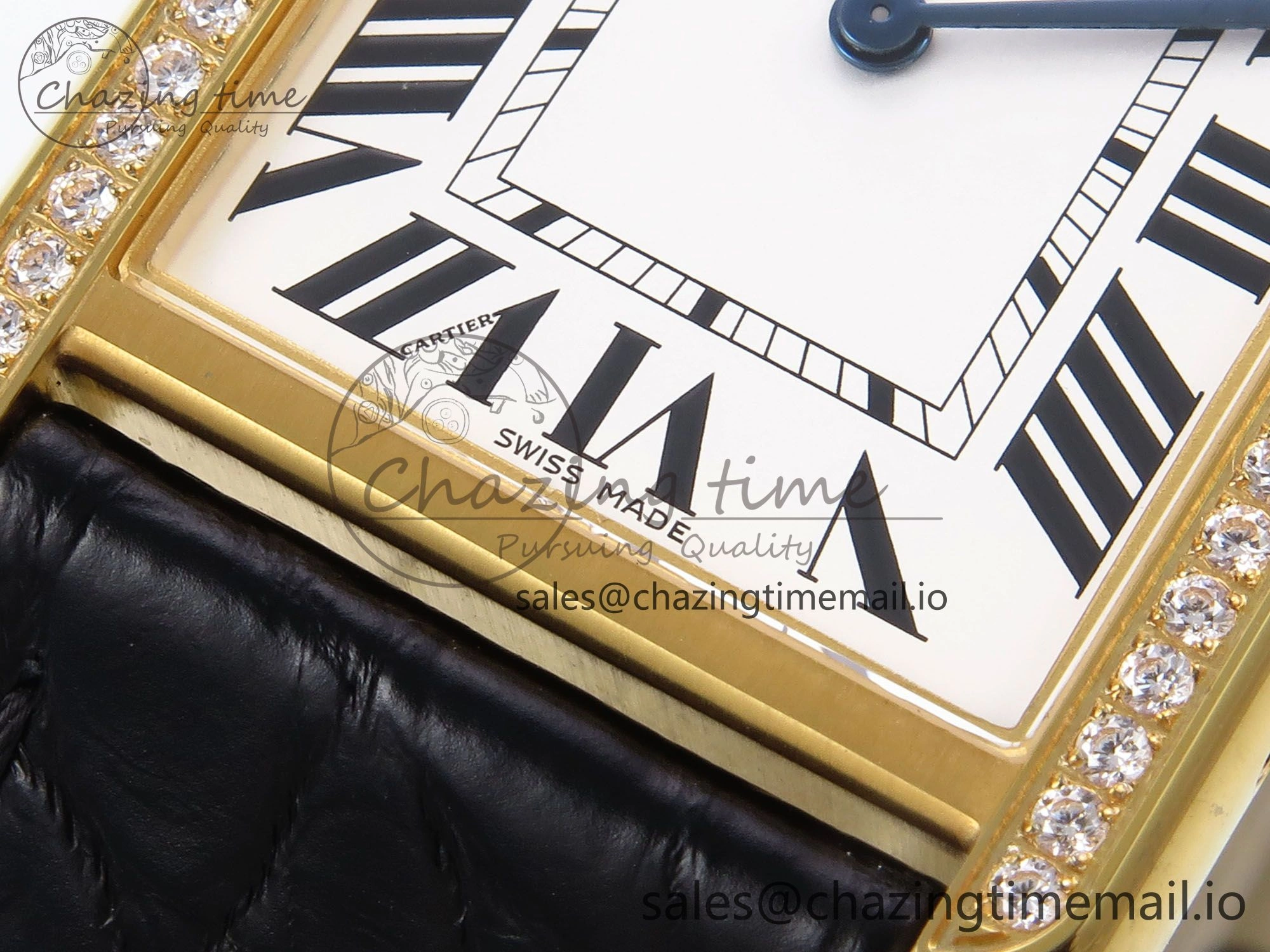 Tank Solo YG AF 1:1 Best Edition White Dial Diamonds Bezel on Black Leather Strap Ronda Quartz