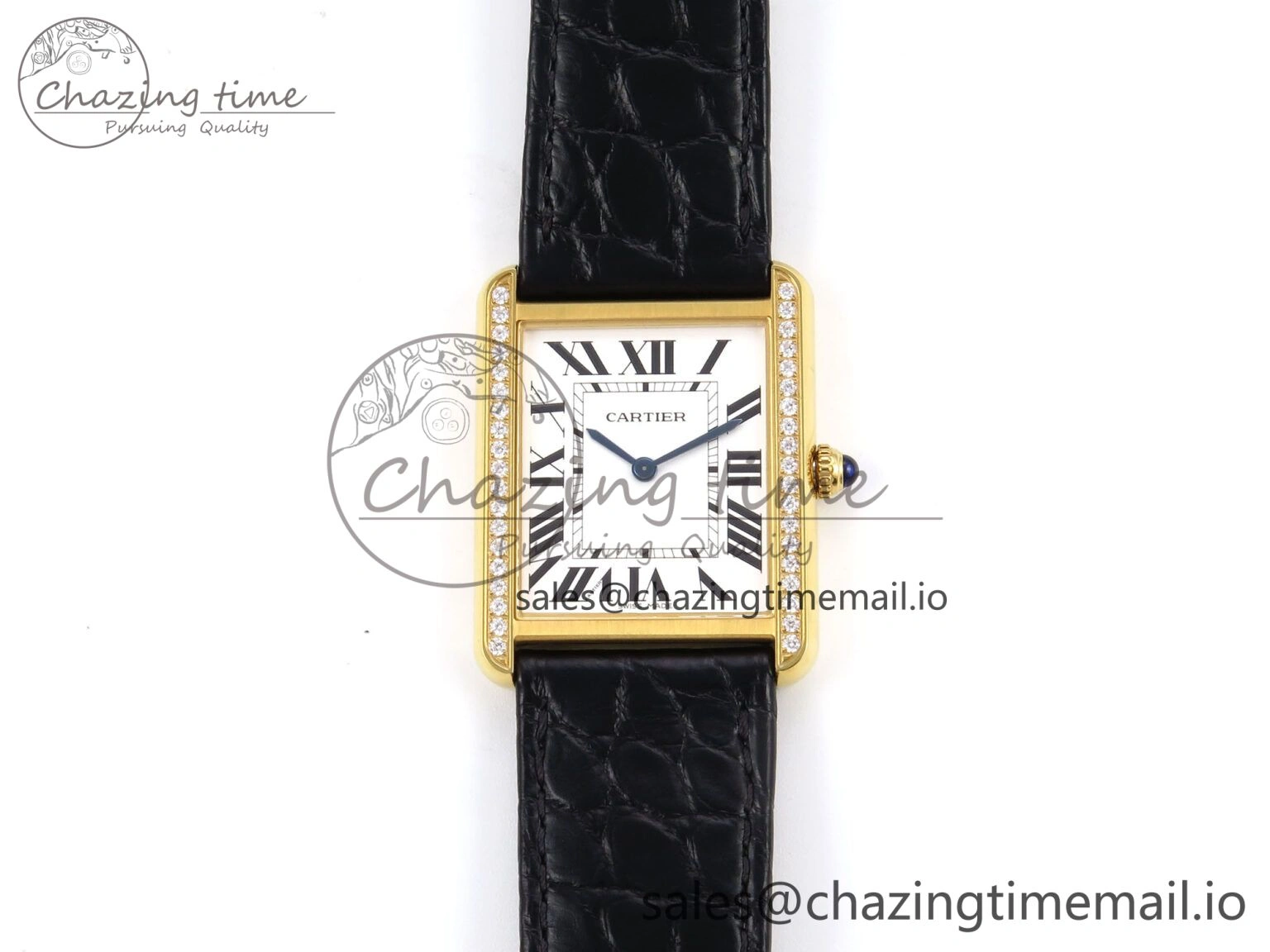 Tank Solo YG AF 1:1 Best Edition White Dial Diamonds Bezel on Black Leather Strap Ronda Quartz