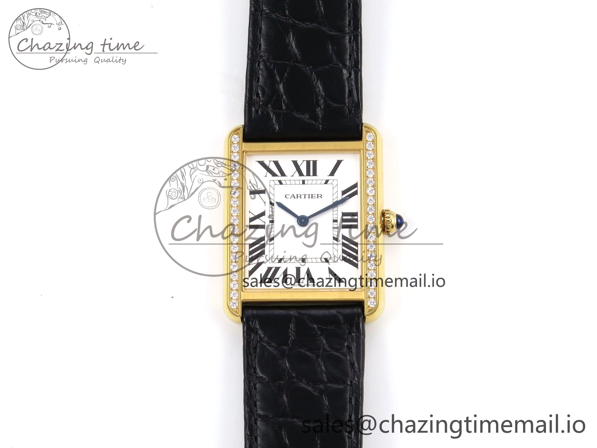 Tank Solo YG AF 1:1 Best Edition White Dial Diamonds Bezel on Black Leather Strap Ronda Quartz