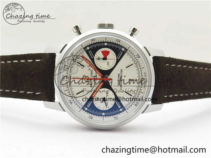 Top Time Chrono SS GF 1:1 Best Edition White Dial on Brown Leather Strap A7750