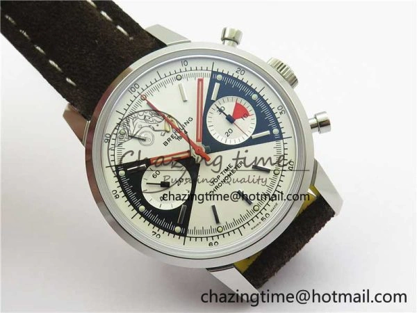 Top Time Chrono SS GF 1:1 Best Edition White Dial on Brown Leather Strap A7750