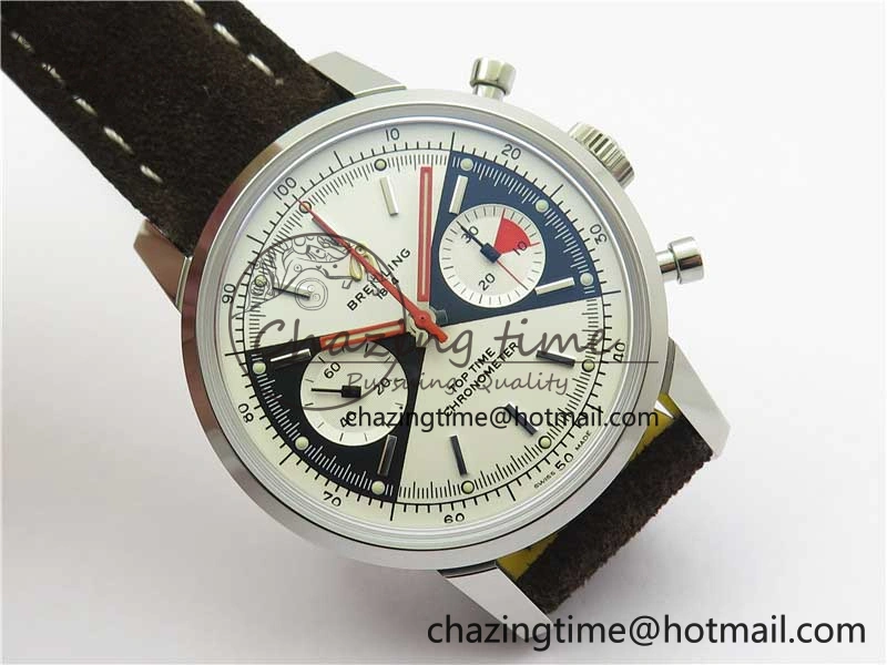 Top Time Chrono SS GF 1:1 Best Edition White Dial on Brown Leather Strap A7750