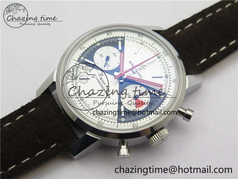 Top Time Chrono SS GF 1:1 Best Edition White Dial on Brown Leather Strap A7750