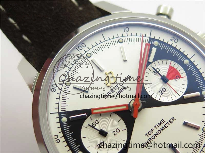 Top Time Chrono SS GF 1:1 Best Edition White Dial on Brown Leather Strap A7750
