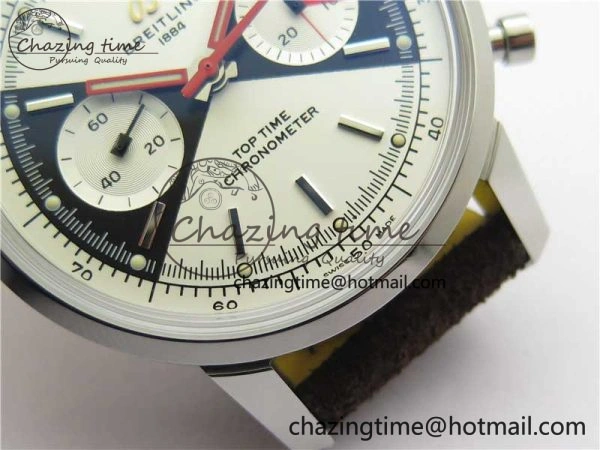 Top Time Chrono SS GF 1:1 Best Edition White Dial on Brown Leather Strap A7750