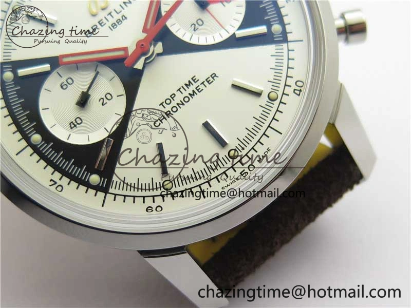 Top Time Chrono SS GF 1:1 Best Edition White Dial on Brown Leather Strap A7750