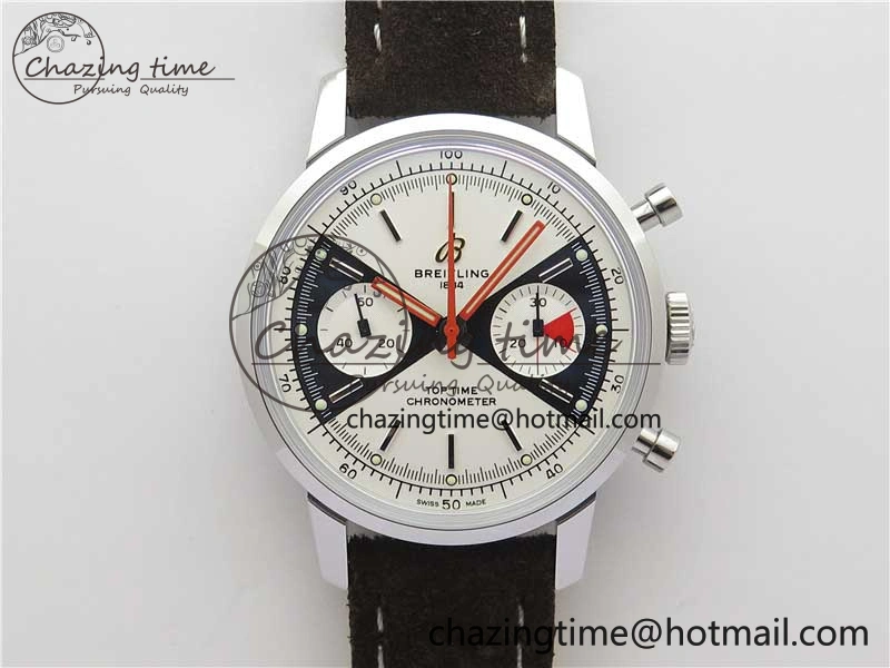 Top Time Chrono SS GF 1:1 Best Edition White Dial on Brown Leather Strap A7750