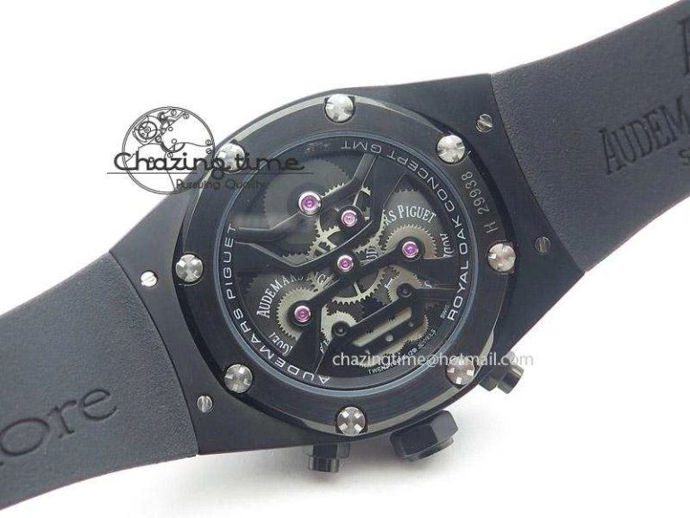 Tourbillon Concept GMT PVD Black Dial On Black Rubber Strap Japan Quartz
