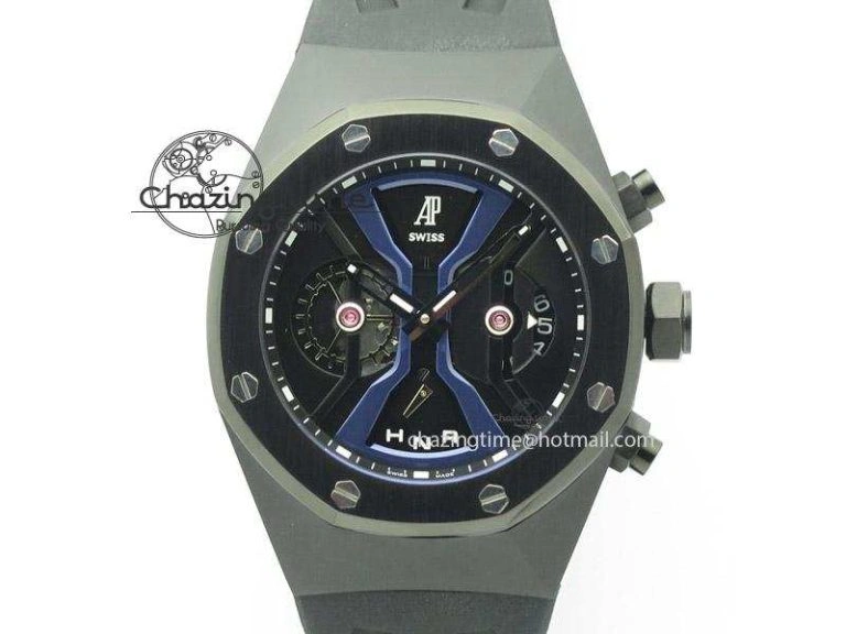 Tourbillon Concept GMT PVD Black Blue Dial On Black Rubber Strap Japan Quartz
