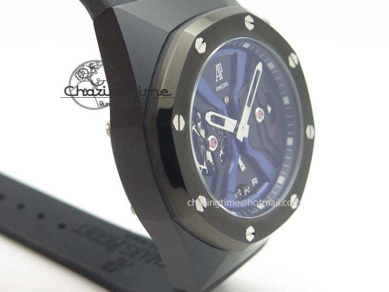Tourbillon Concept GMT PVD Black Blue Dial On Black Rubber Strap Japan Quartz