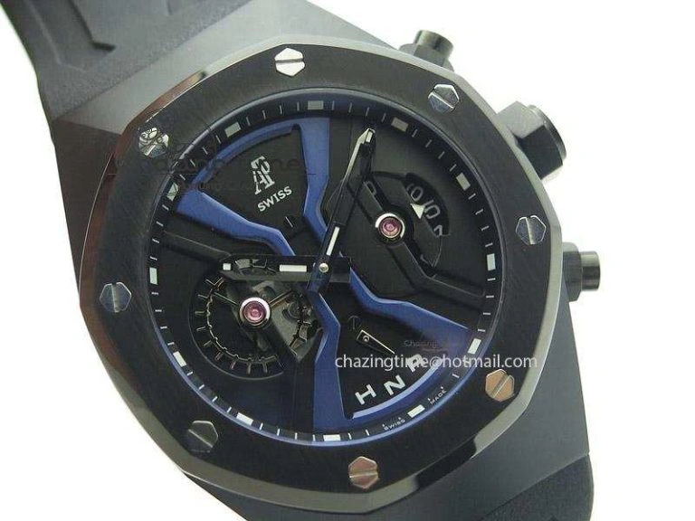 Tourbillon Concept GMT PVD Black Blue Dial On Black Rubber Strap Japan Quartz