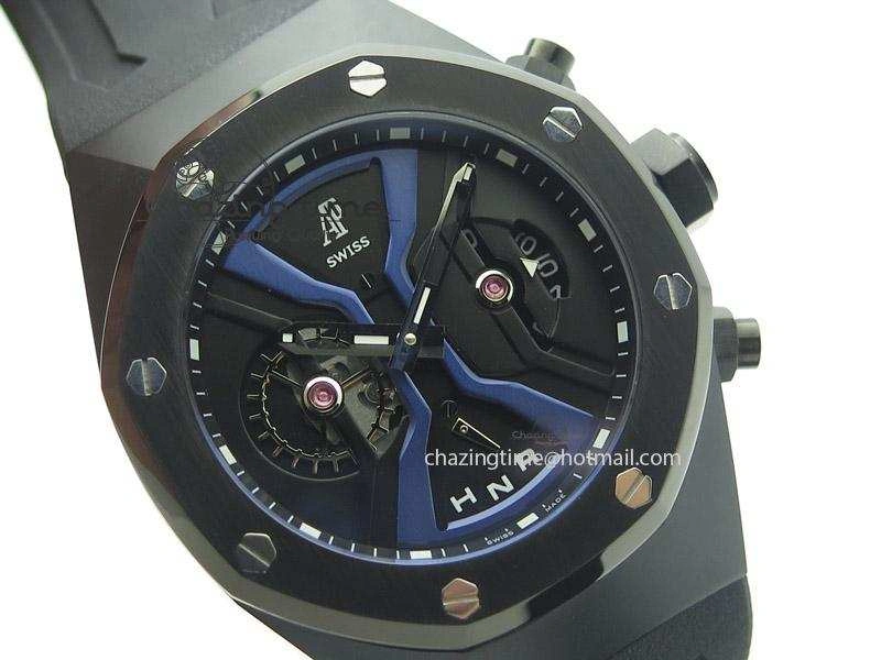 Tourbillon Concept GMT PVD Black Blue Dial On Black Rubber Strap Japan Quartz